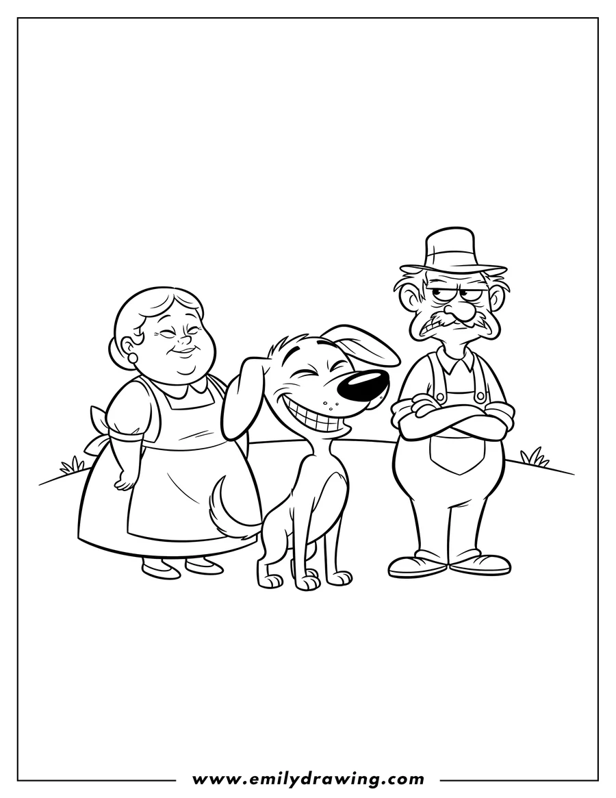 Clean line drawing: courage the Cowardly Dog grinning with Muriel and Eustace