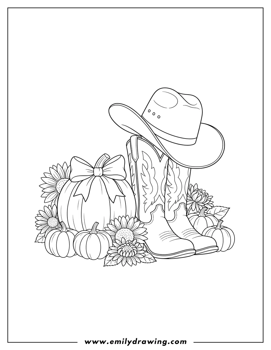 Doodle style coloring picture of cowboy hat resting on boots, with a large pumpkin topped with a bow, surrounded by fall flowers and small pumpkins