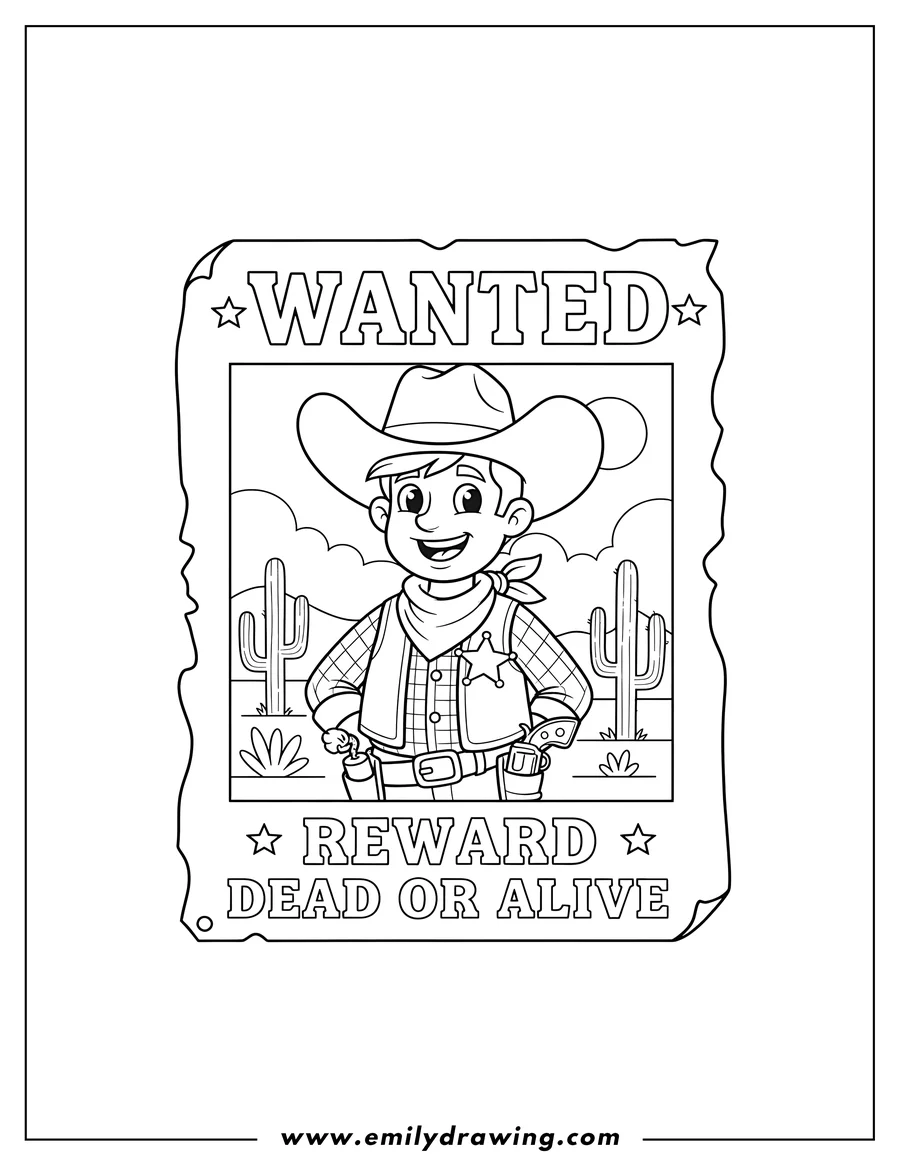 PDF style coloring page: cowboy in a WANTED poster, sheriff's badge, dynamite, and a revolver in a holster