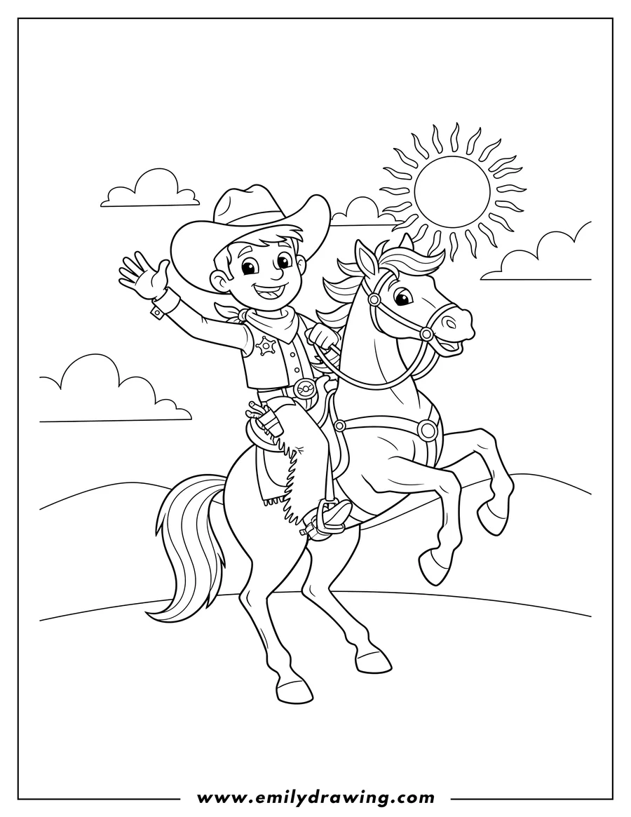 Linear illustration of cowboy On Rearing Horse, Wearing A Hat And Bandana