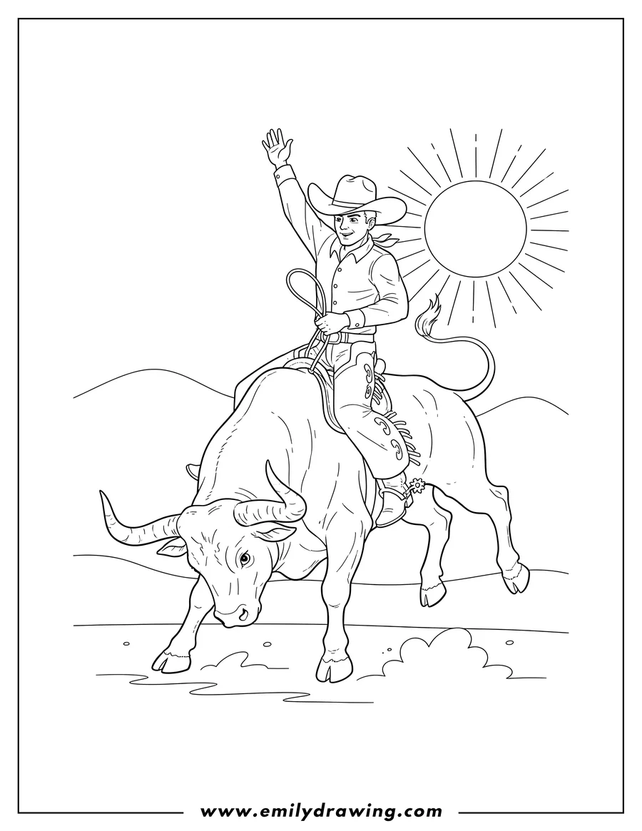 Linear illustration of cowboy with a raised arm riding a bucking bull outdoors