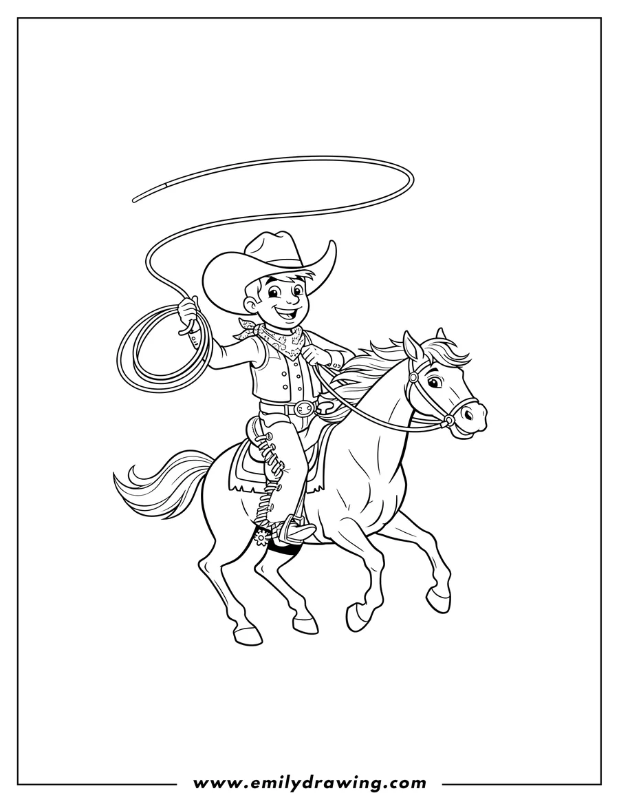 Vector style outline of cowboy riding a horse, swinging a lasso