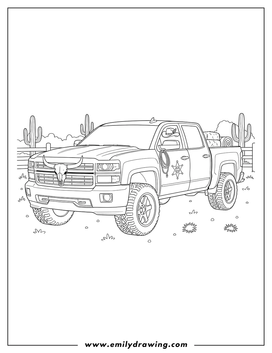 High quality printable cowboy Themed Chevrolet Silverado Crew Cab Pickup Truck, side-front view for coloring