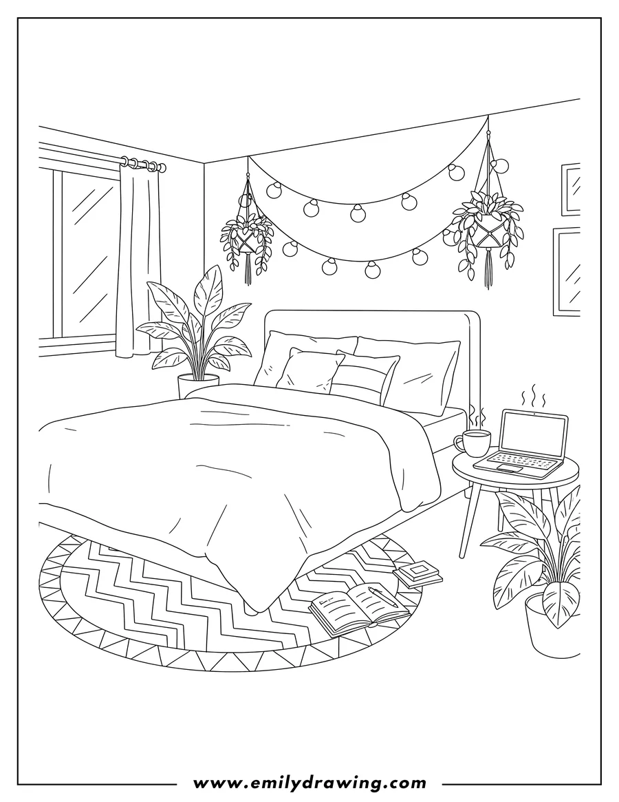 Outline drawing of cozy Lofi Bedroom With Steaming Coffee, Open Laptop, Notebook and Pen, Plants, String Lights, And Bed