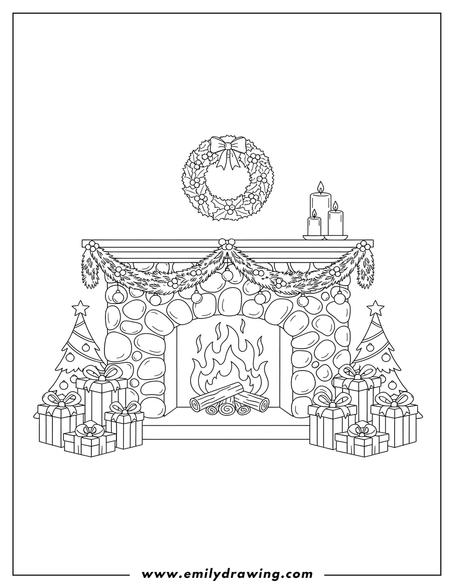 Printable coloring page of A cozy Christmas fireplace with a roaring fire, mantelpiece decorated with a wreath, candles, and garlands, and gifts with small Christmas trees nearby