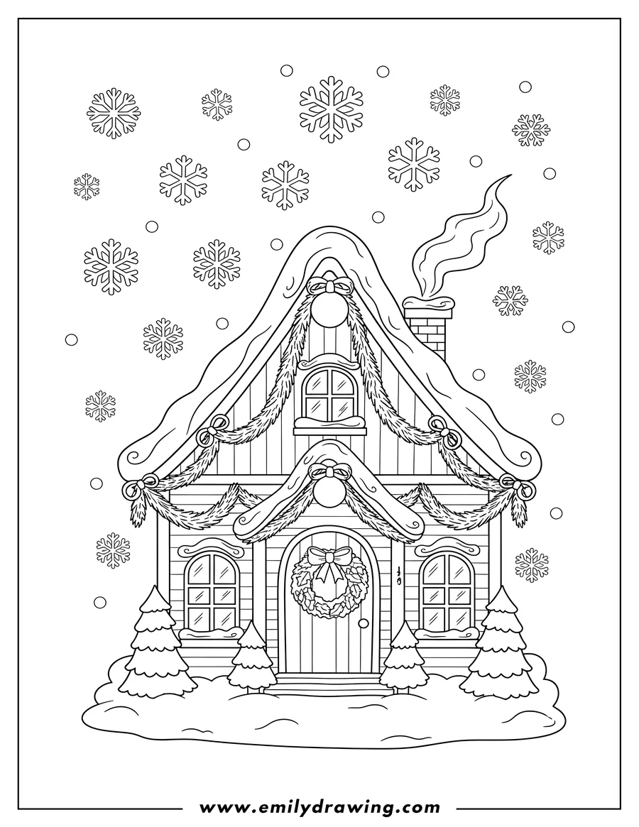 Coloring page of cozy Christmas House with a wreath, garlands, and falling snow