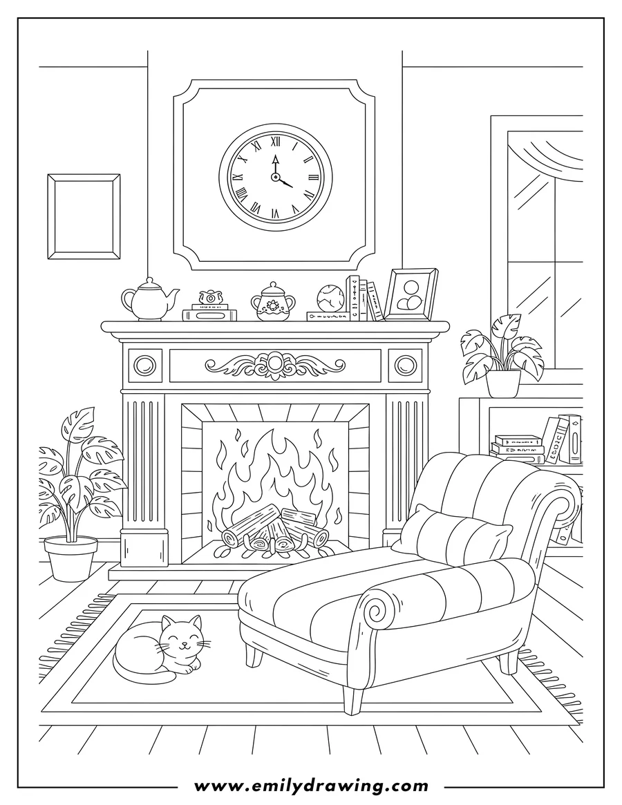 Outline drawing of cozy Fireplace Living Room Full Trinkets, featuring a lit fireplace, a wall clock, and a comfy chaise lounge