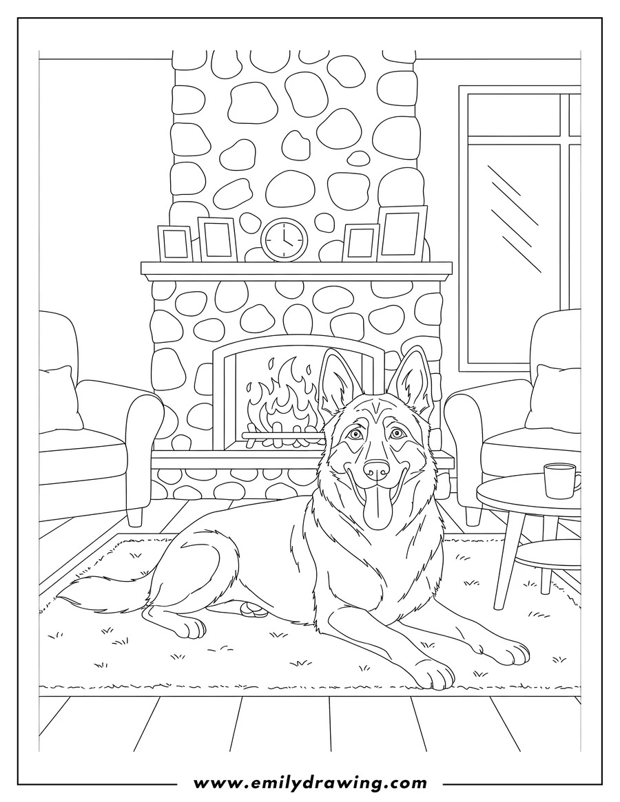 Outline drawing of german Shepherd lying down with tongue out in a living room with a burning fireplace