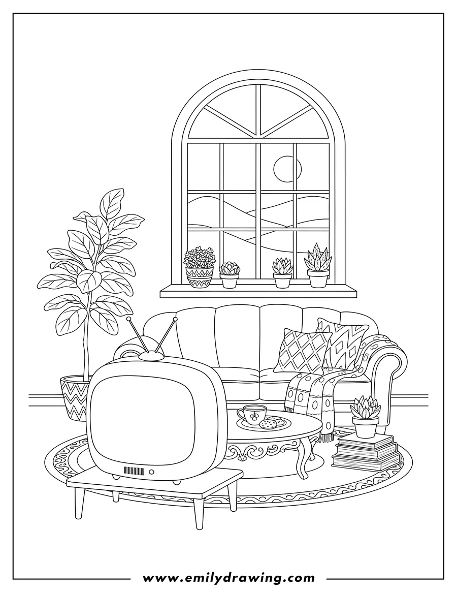 Downloadable coloring page of cozy Living Room With Retro Television, Houseplants, a Large Window, and a Stack of Books