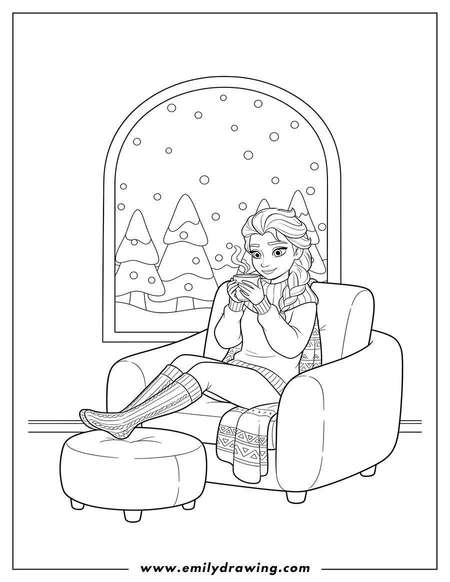 Free printable coloring sheet of cozy Modern Elsa sitting in an armchair, sipping a hot drink from a mug, wearing a sweater and thick socks, by window in winter