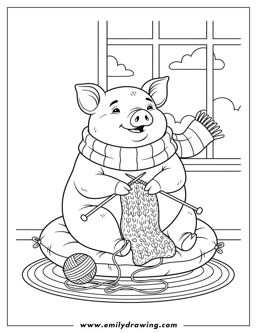 PDF style coloring page: cozy Pig sitting, wearing a striped scarf, and knitting with yarn