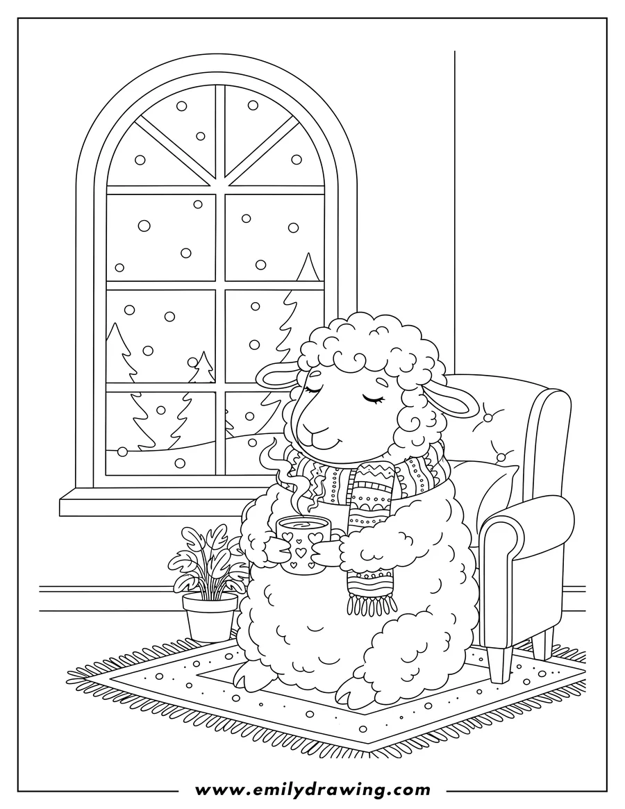 Vector style outline of cozy Sheep wearing a scarf and holding a steaming mug of hot chocolate by a window