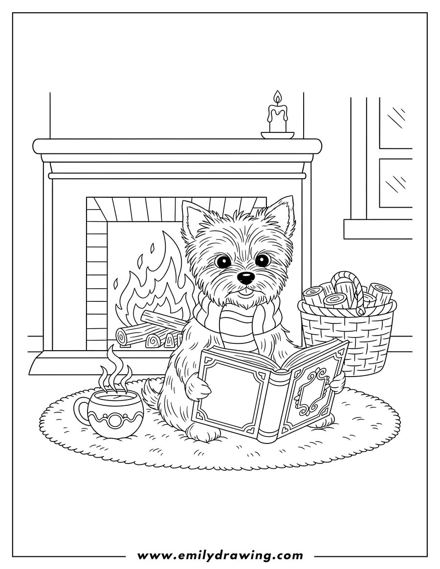 Simple sketch of cozy Yorkie in a striped scarf holding an open book by a fireplace, with a steaming mug to color