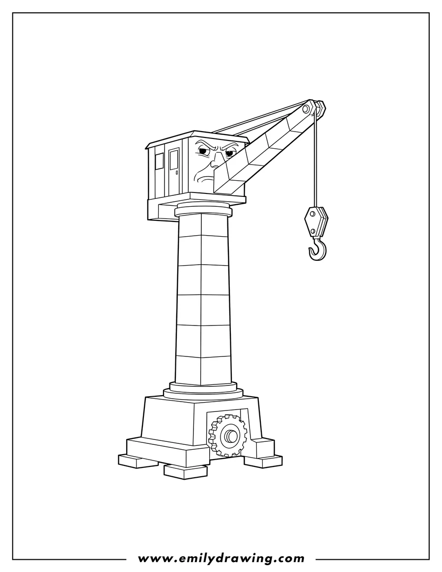 Outline drawing of cranky Crane From Thomas And Friends To Color Scaled, standing tall with a hook dangling