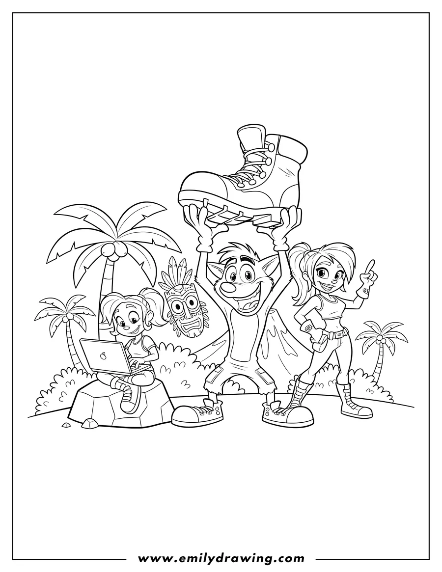 Coloring page for kids: crash holding a giant boot, Coco using a laptop, and Tawna striking a pose, with Aku Aku on Wumpa Island