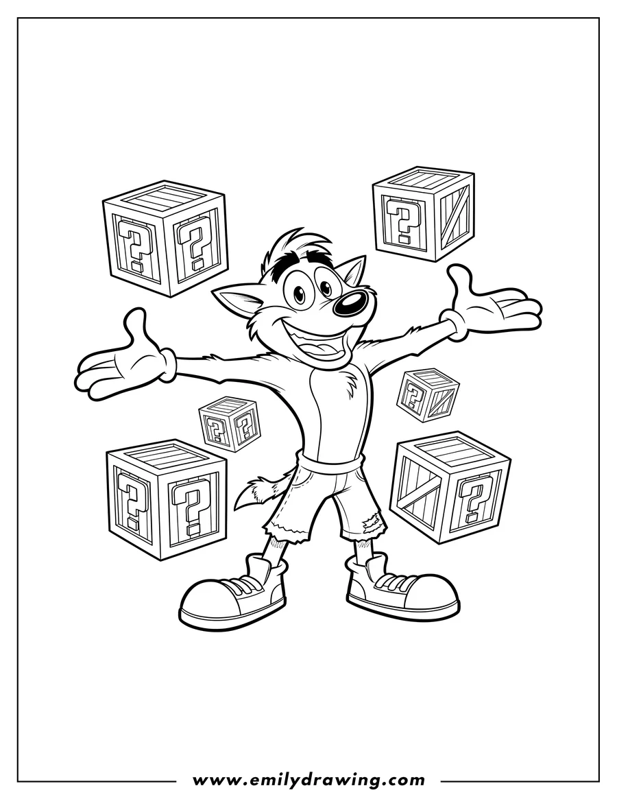 Free to print drawing of crash Bandicoot standing happily with question mark crates