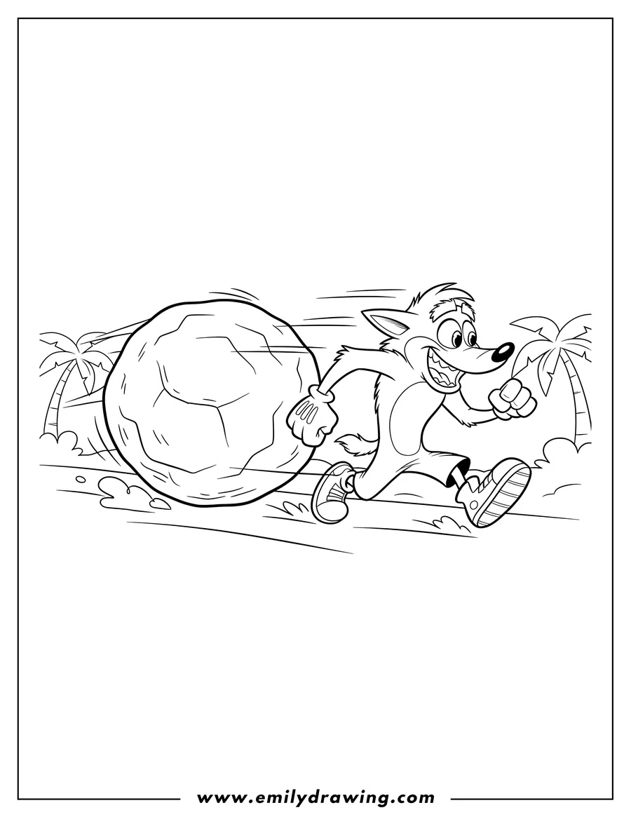 Outline drawing of crash Bandicoot running with a wide grin away from a large boulder