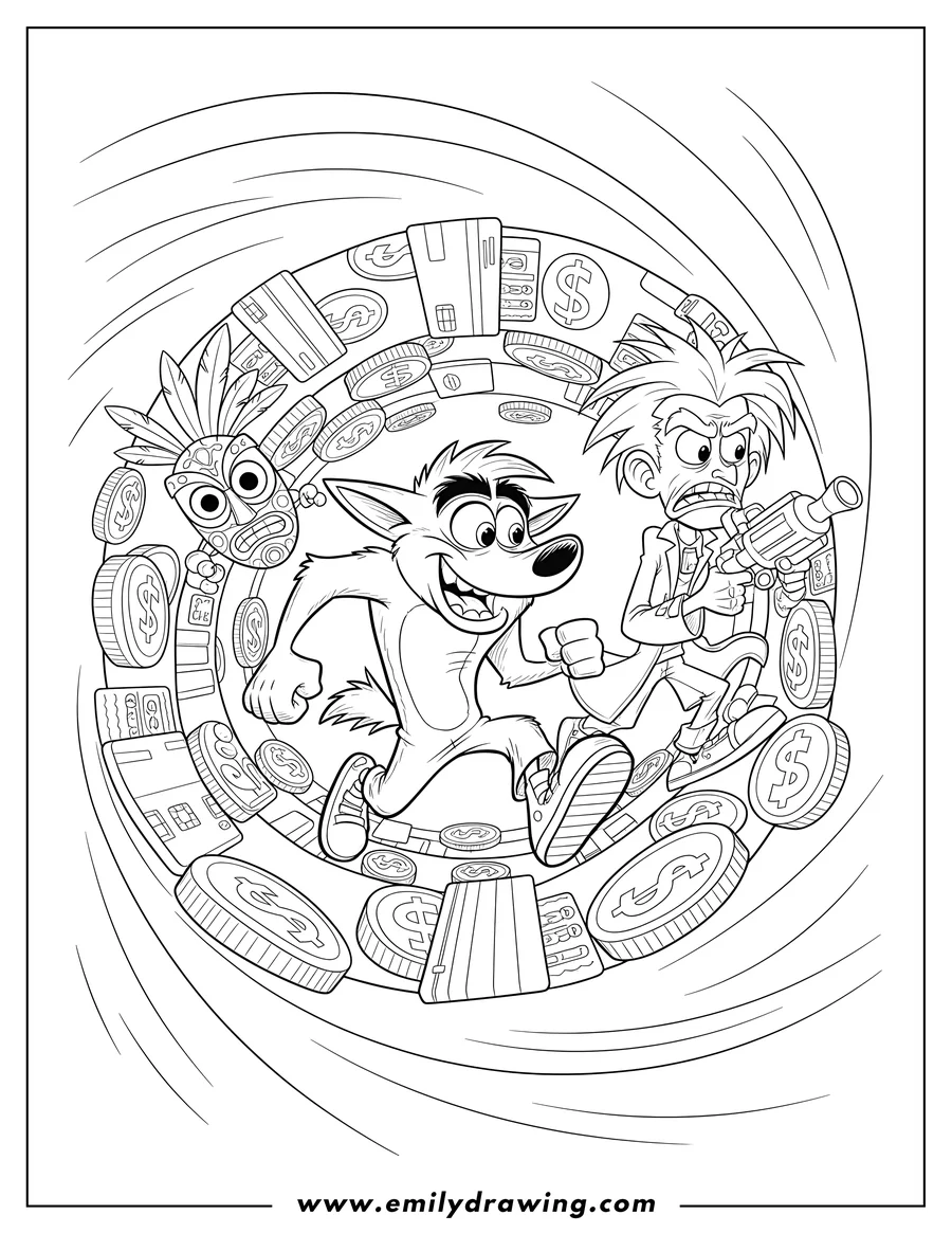 Printable line art of crash Bandicoot running on a bank portal, with Aku Aku and Dr. Cortex