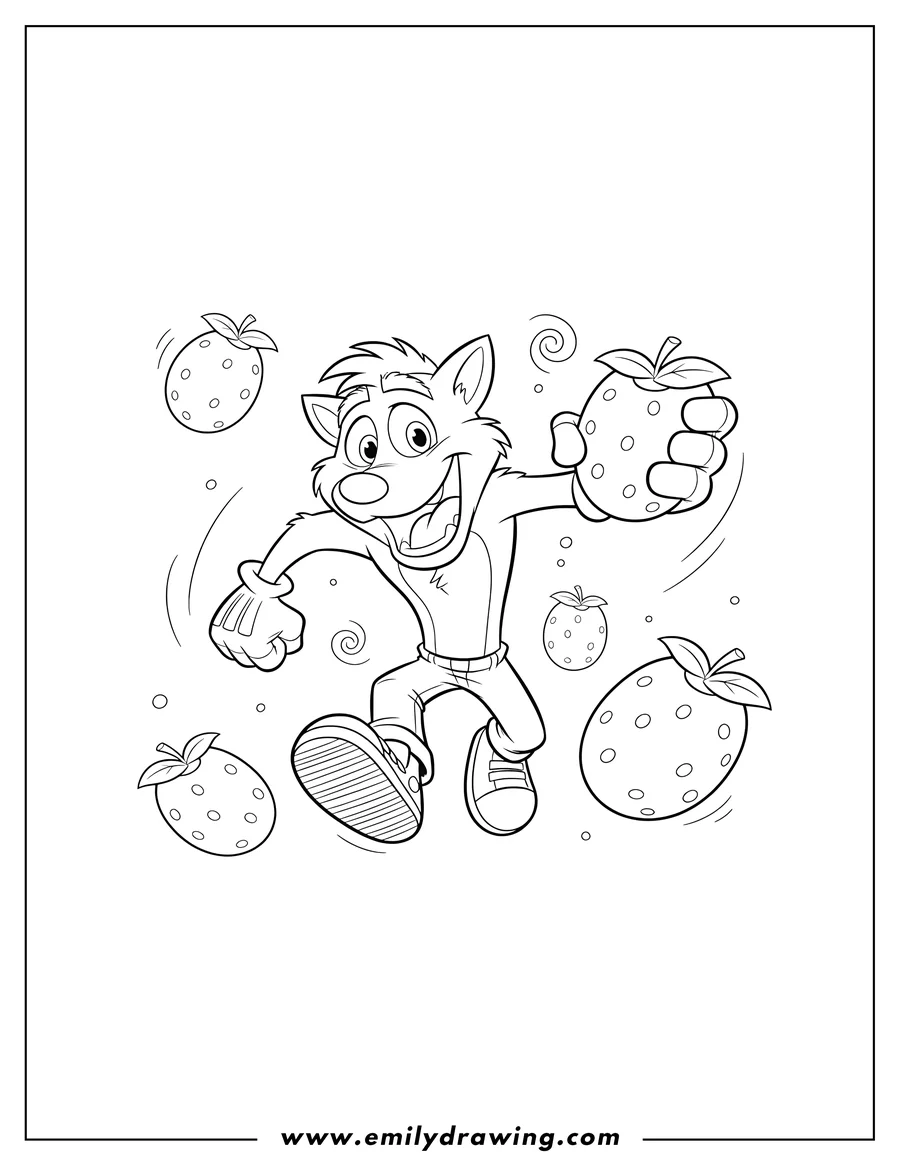 Vector style outline of crash Bandicoot running with a wide smile and outstretched arm, surrounded by Wumpa Fruits