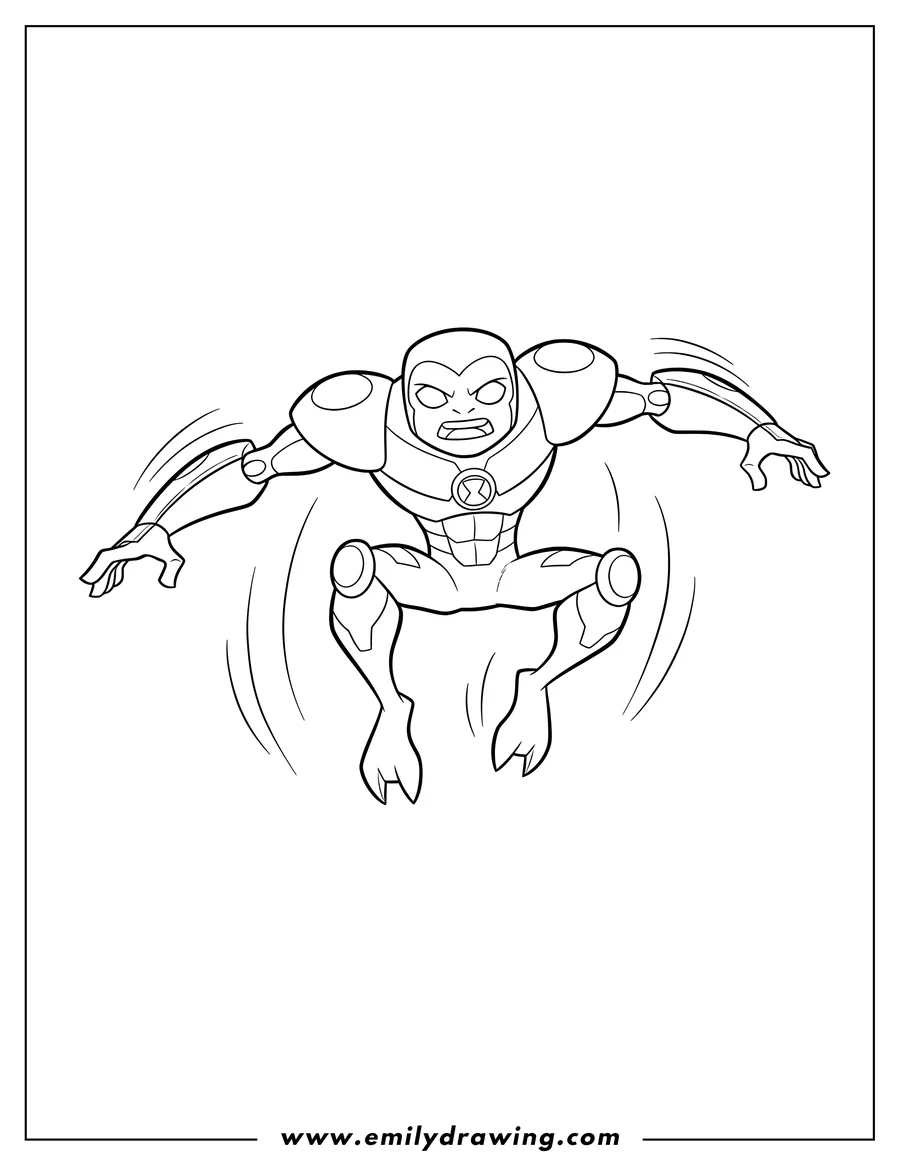 Full page coloring image of ben 10 Crashhopper in a dynamic leap with arms spread