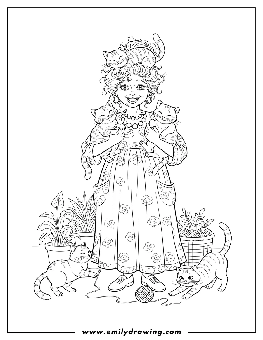 Printable line art of crazy Cat Lady With Her Kittens, with a cat on her head and two cats in her arms