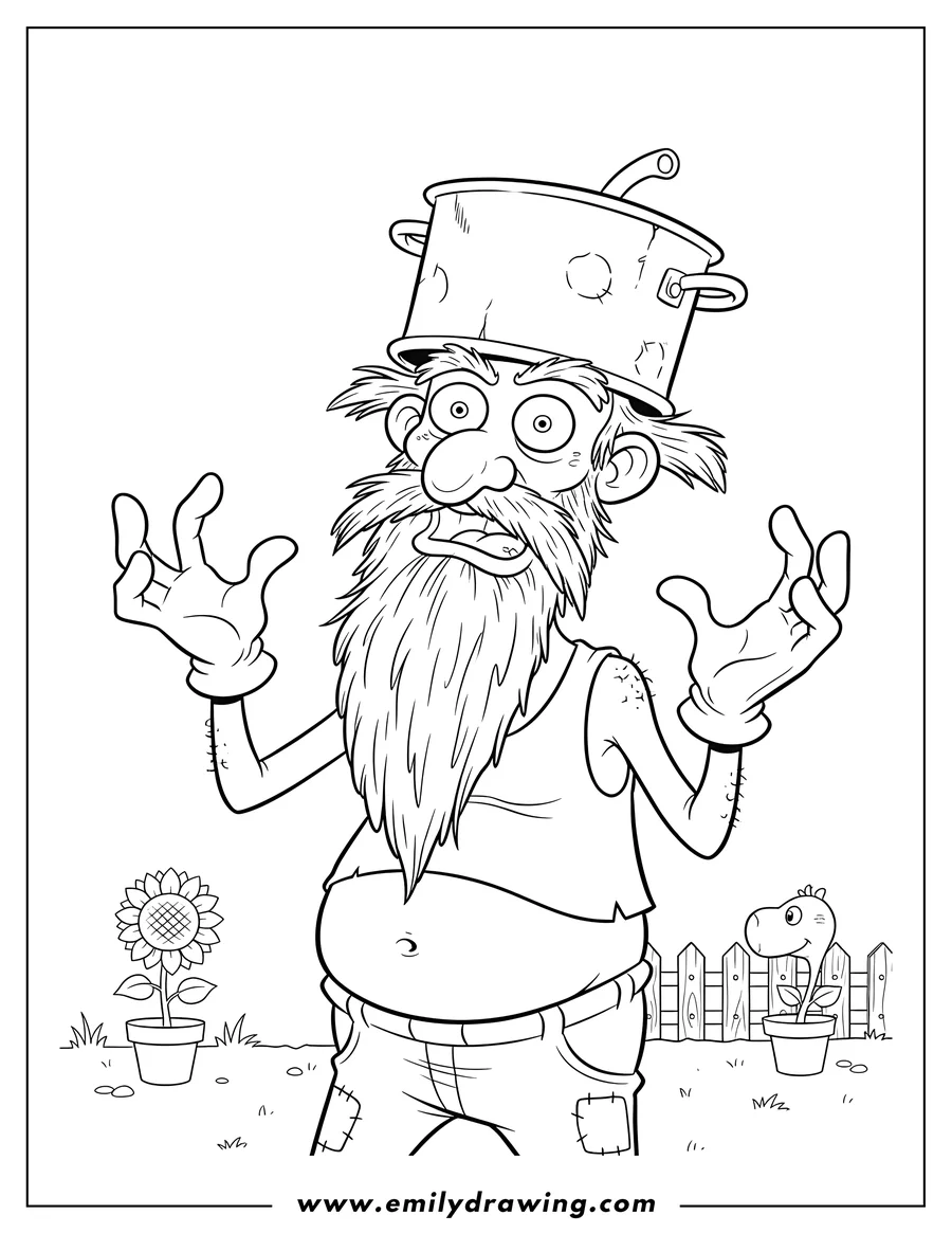 Printable line art of crazy Dave From Plants Vs Zombies with a pot on his head, wild beard, and gesturing hands