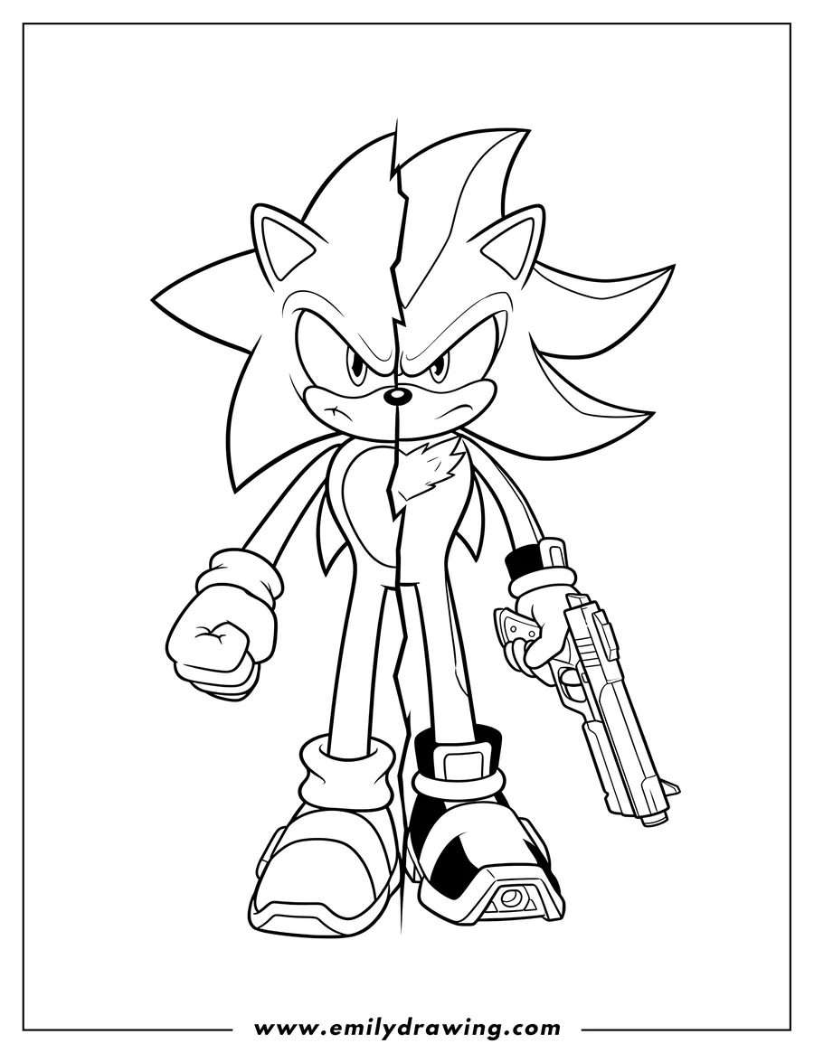 Vector style outline of creative Half Sonic with clenched fist, Half Shadow holding a gun