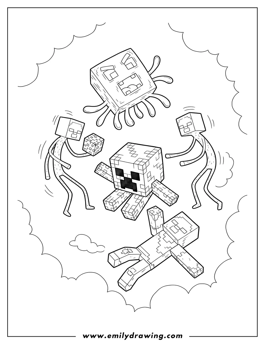 Linear illustration of creeper, two Endermen, a Ghast, and a Zombie, all Minecraft characters tumbling