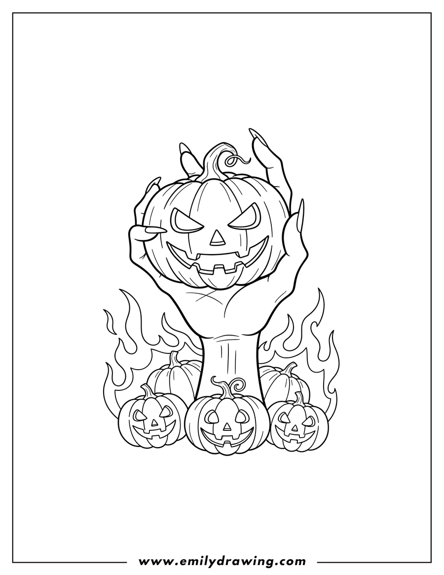 Vector style outline of creepy Hand Holding a Pumpkin Lantern Surrounded By Pumpkins And Flames