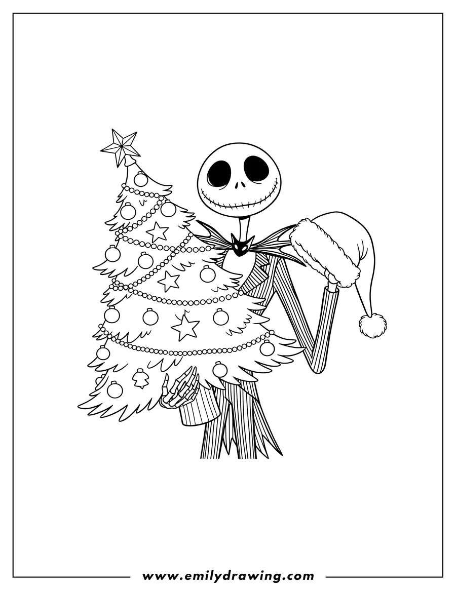 Coloring sheet featuring creepy Jack Skellington holding a Christmas tree and a Santa hat