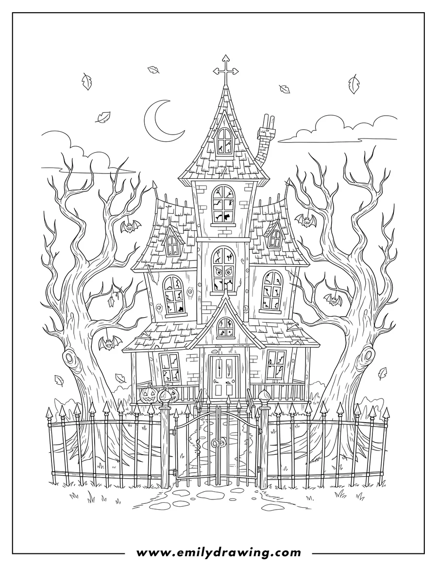 High quality printable A creepy multi-story haunted house with a pointed roof, a front fence, and large gnarled bare trees for coloring