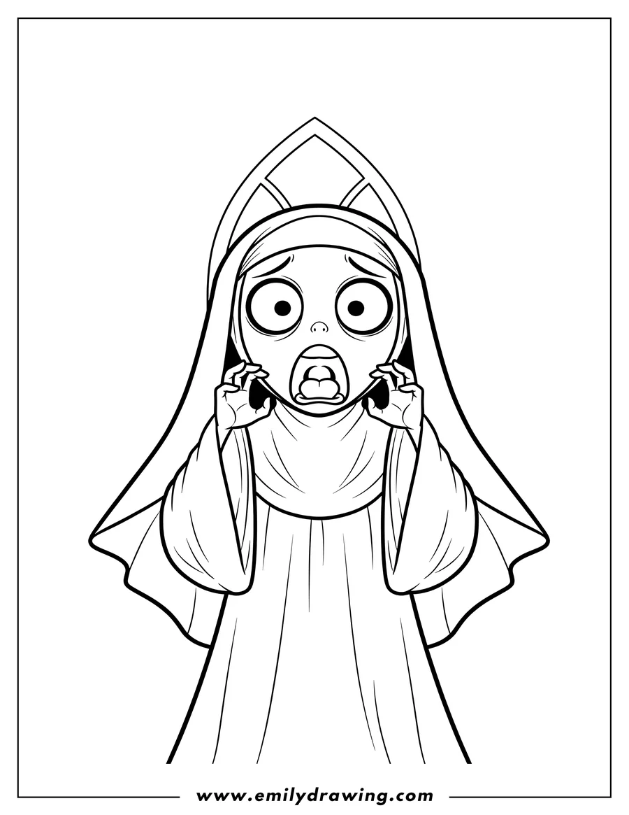 Coloring page of creepy Nun screaming with wide eyes