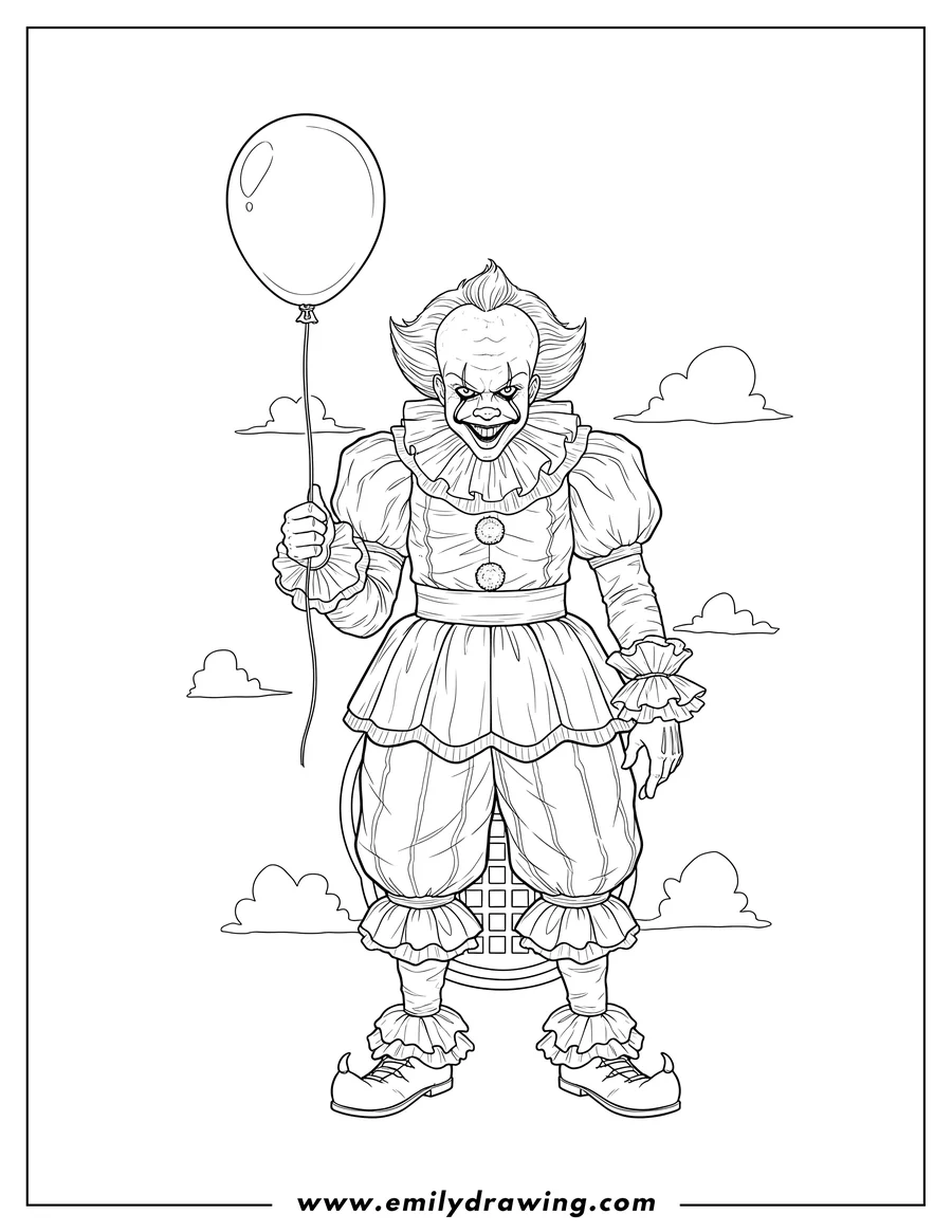 Clean line drawing: creepy Pennywise Clown From It Holding Balloon, with a menacing smile and ruffled clown costume