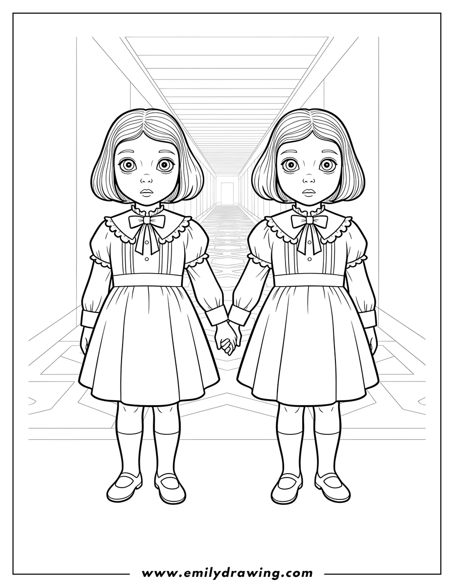 Full page coloring image of creepy Twins From Shining Movie holding hands to color