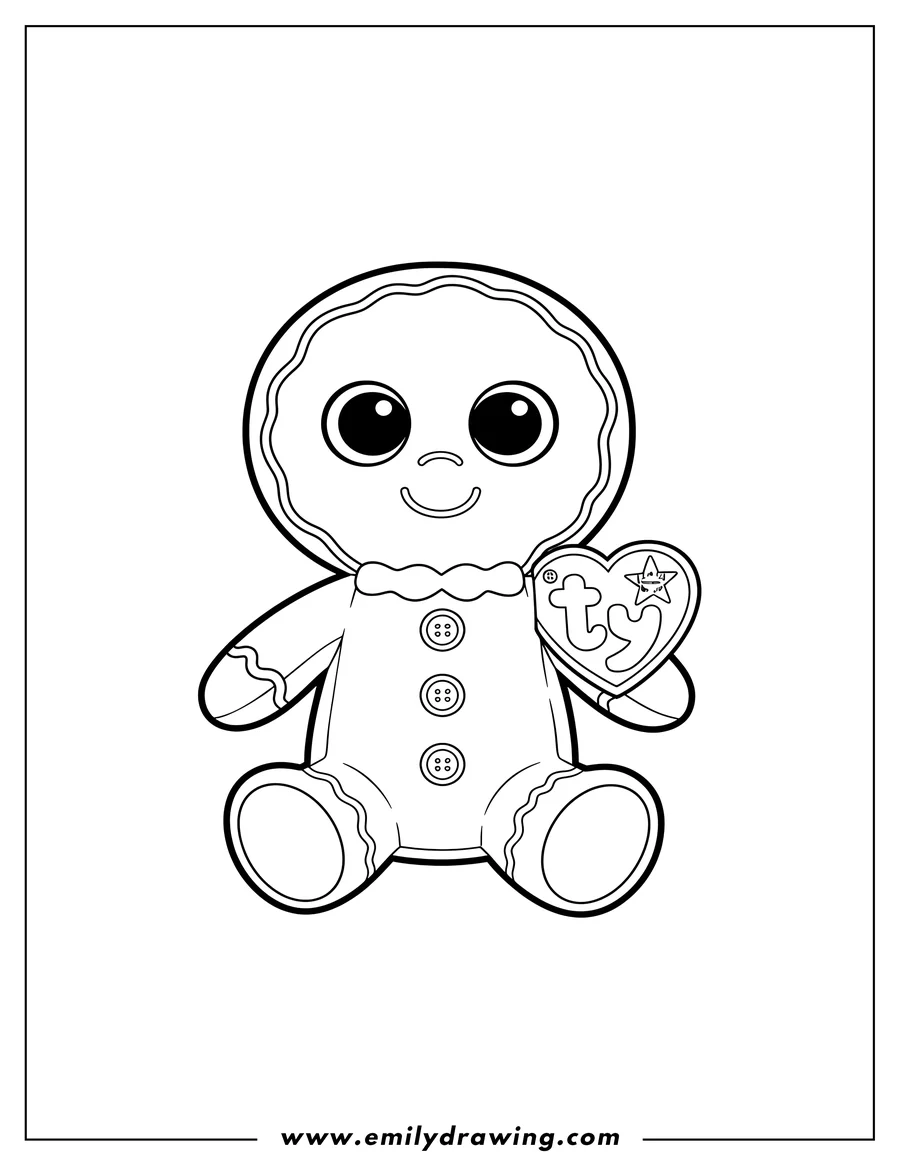 Printable line art of crispin Gingerbread Man Beanie Boo sitting and holding a ty tag