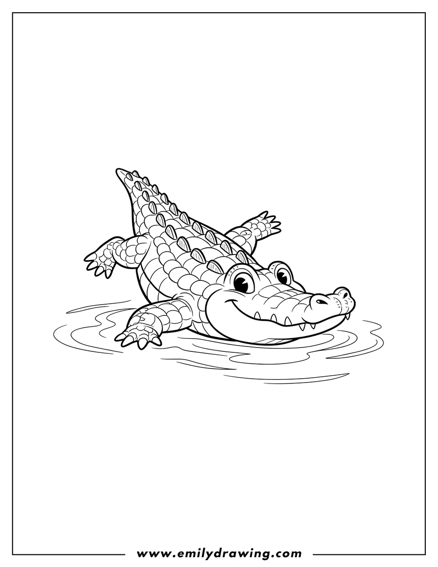 Doodle style coloring picture of crocodile Swimming Water To Color Scaled, with flippers and head above water