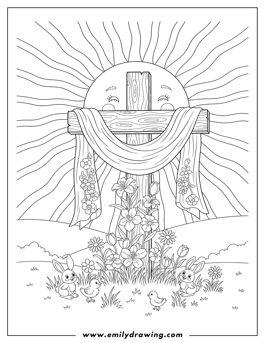 Vector style outline of cross with draped cloth, flowers, and rising sun on Easter
