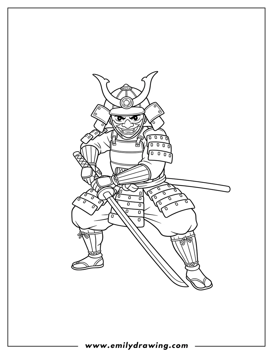 Outline drawing of crouched Samurai holding his sword