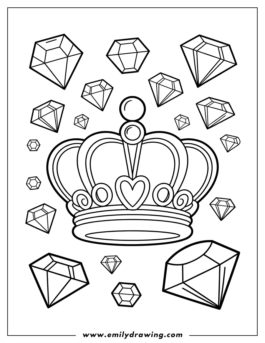 Outline of a regal crown with a heart detail and many scattered diamonds in various sizes surrounding it.