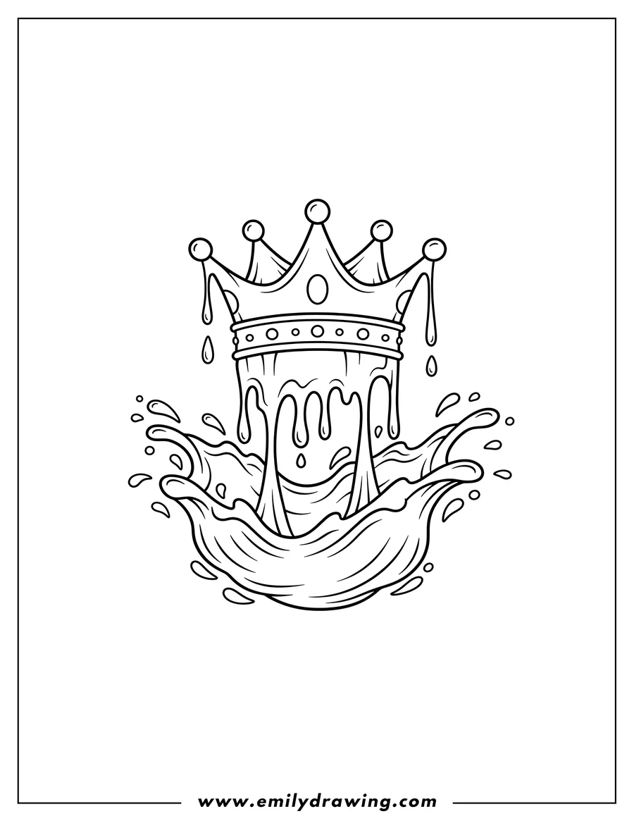 PDF style coloring page: crown with dripping paint and a liquid splash effect