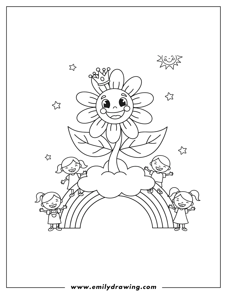 Black and white line art of crowned Daisy with a cute, smiling face and two leaves, Standing On Rainbow And Cloud Preschoolers