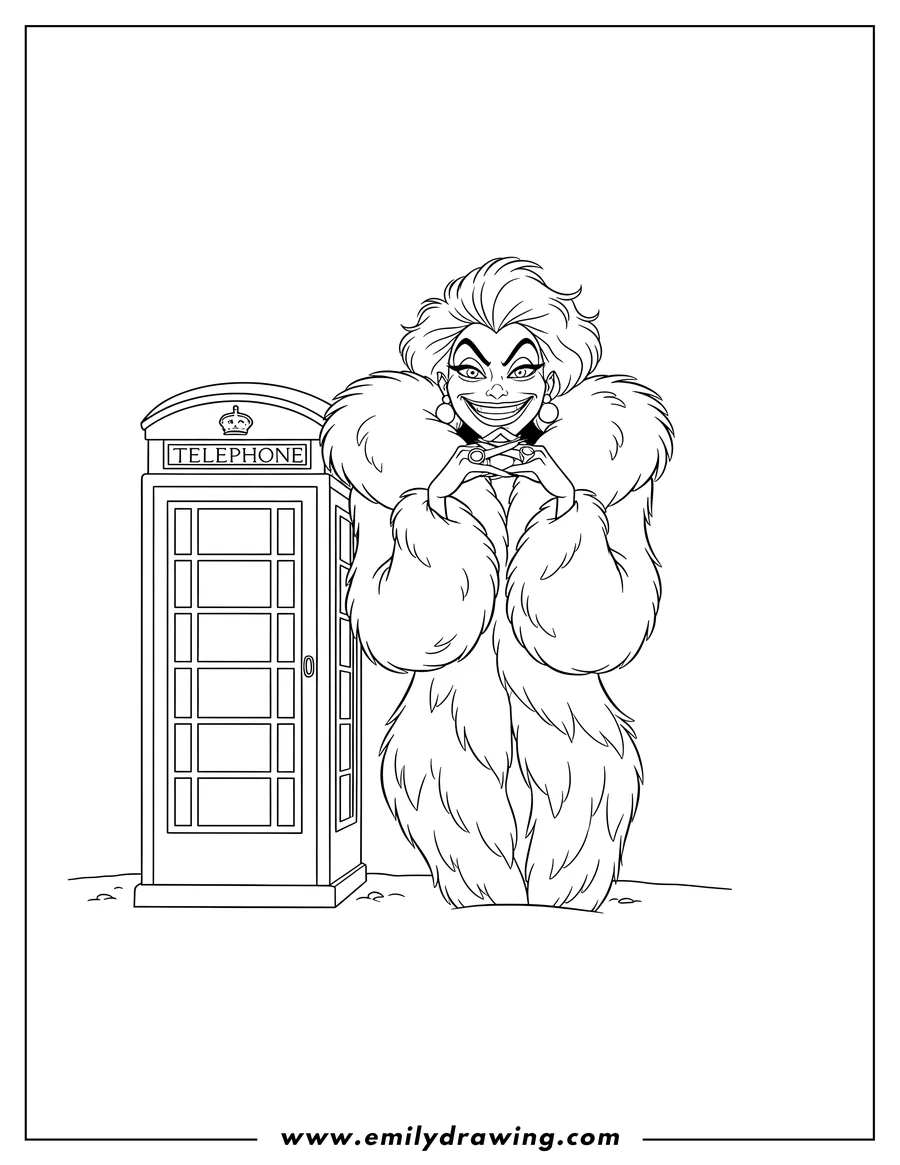 Vector style outline of cruella De Vil wearing a fur coat with a scheming expression outside a telephone booth