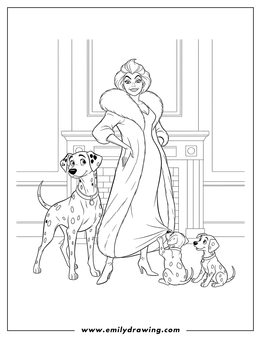 Printable line art of 101 Dalmatians Movies: Cruella De Vil with an adult Dalmatian and two puppies