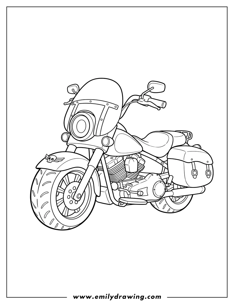 Simple sketch of cruiser Harley Davidson motorcycle with saddlebags and a windshield to color