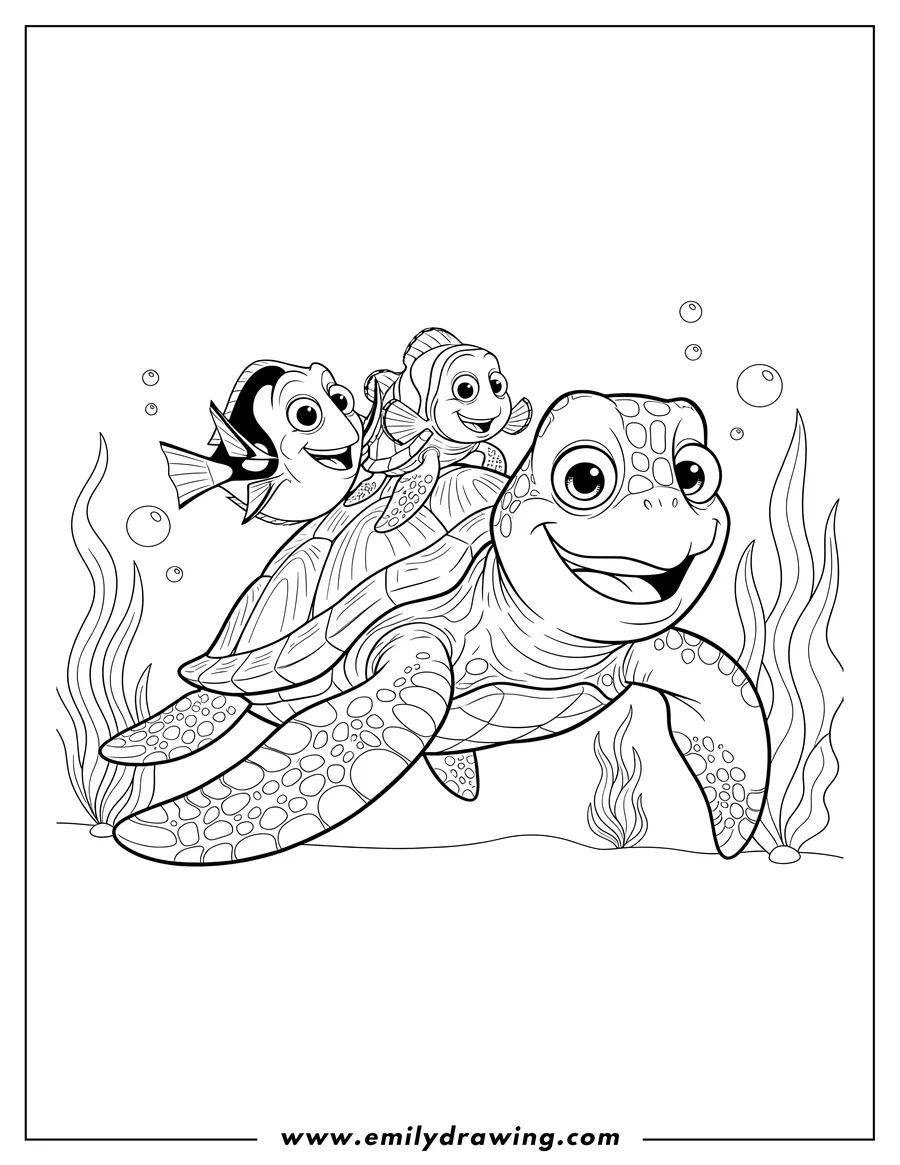 Coloring page of crush and Squirt swimming, with a smiling Crush, and Dory and Marlin swimming near Crush's head