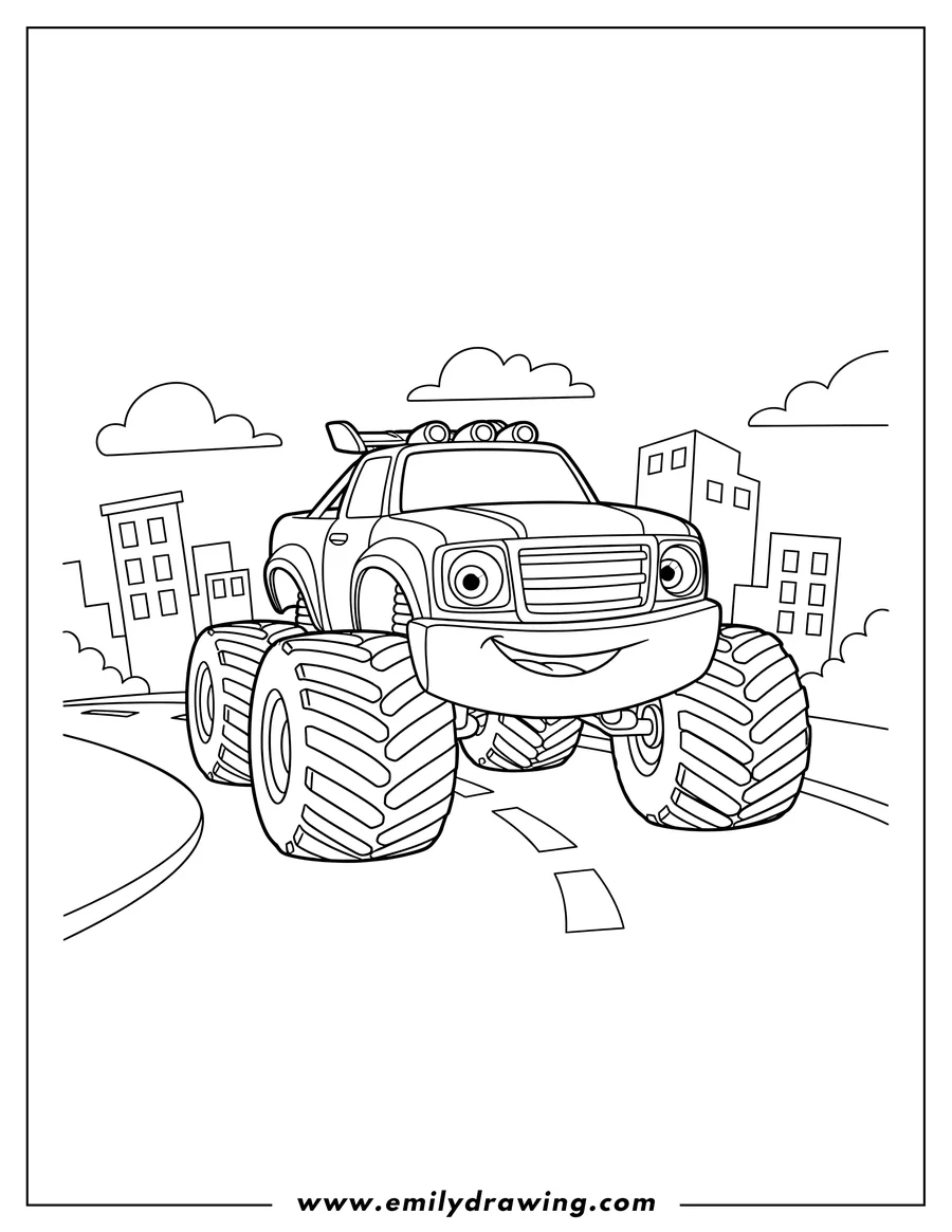 Printable line art of crusher, the smiling monster truck, in the city