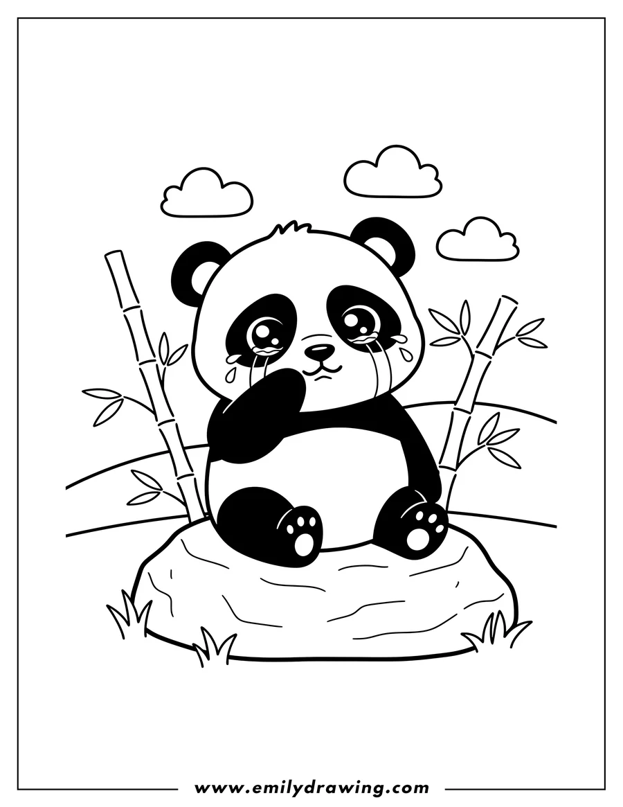 Outline drawing of even Pandas Feel Sad Sometimes With Kawaii Panda crying and wiping its face while sitting on a rock