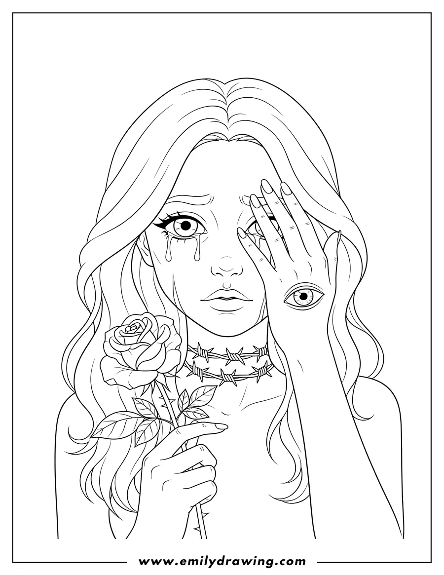 Clean line drawing: crying Woman with Rose, Hand with Eye covering one eye, Barbed Wire Necklace Tattoo
