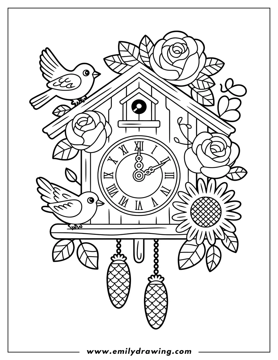 Line art of a cuckoo clock with Roman numerals, two birds perched on its ledges, and decorated with roses and a sunflower, with pinecone weights.