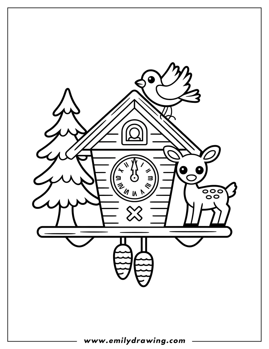 Line art of a cuckoo clock with a baby deer standing on the right and a bird on the roof, next to a pine tree.